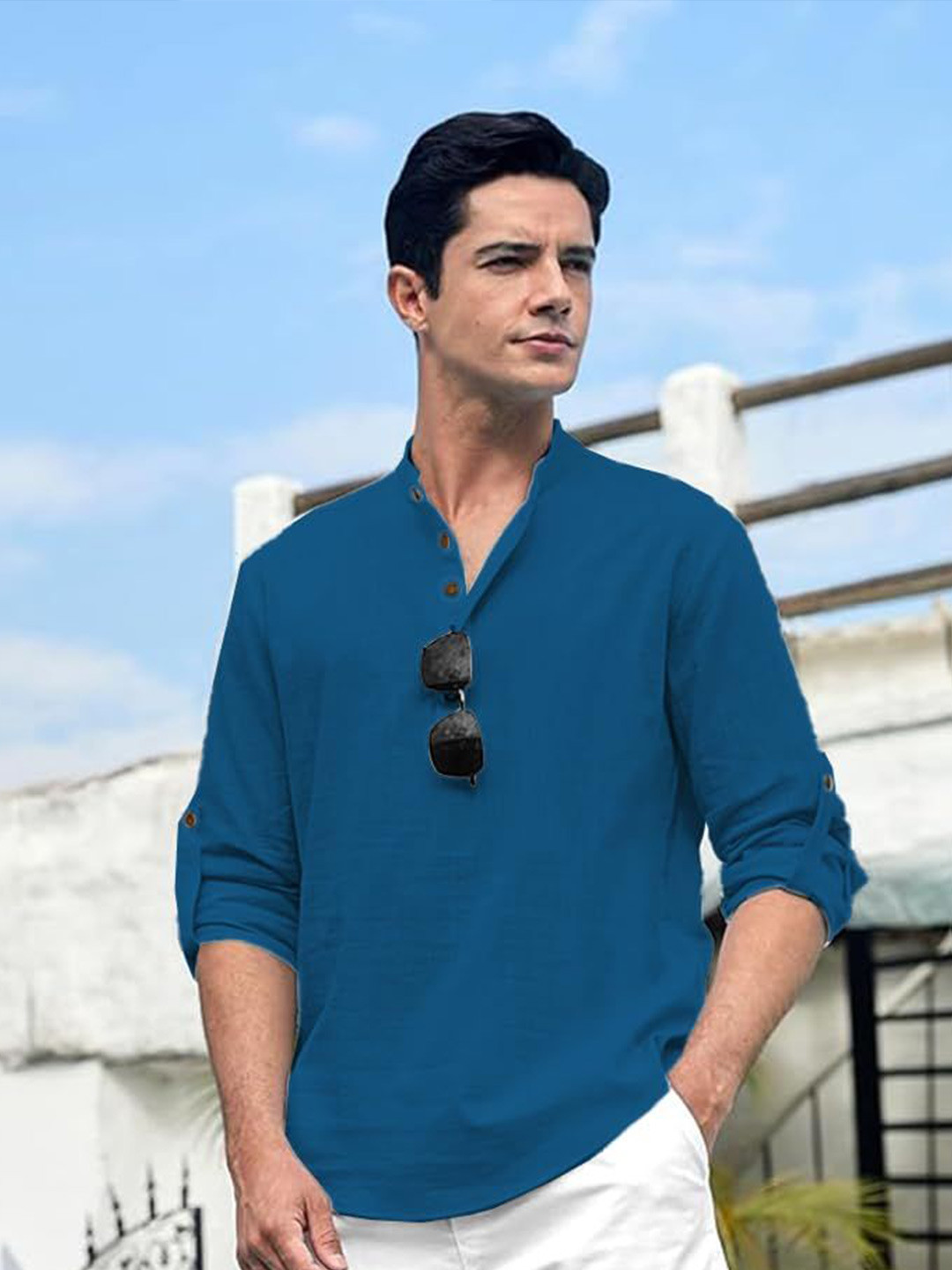 

EdinWolf Men India Slim Fit Band Collar Solid Cotton Casual Shirt, Blue