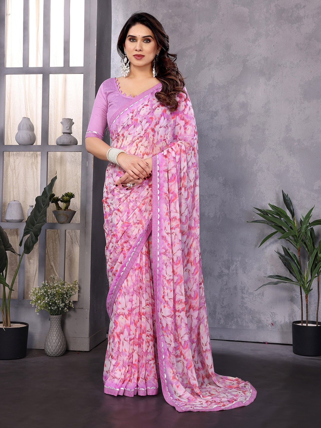 

Nirmohi Fashion Floral Embroidered Pure Georgette Saree, Pink