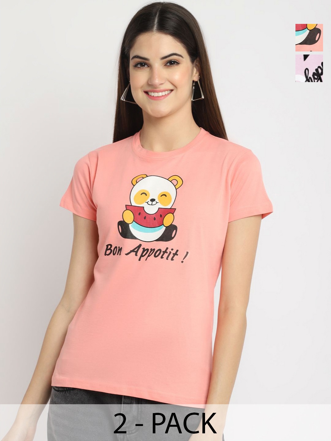 

Tromko Women Pack of 2 Graphic Printed Round Neck Cotton Regular Fit T-shirts, Peach