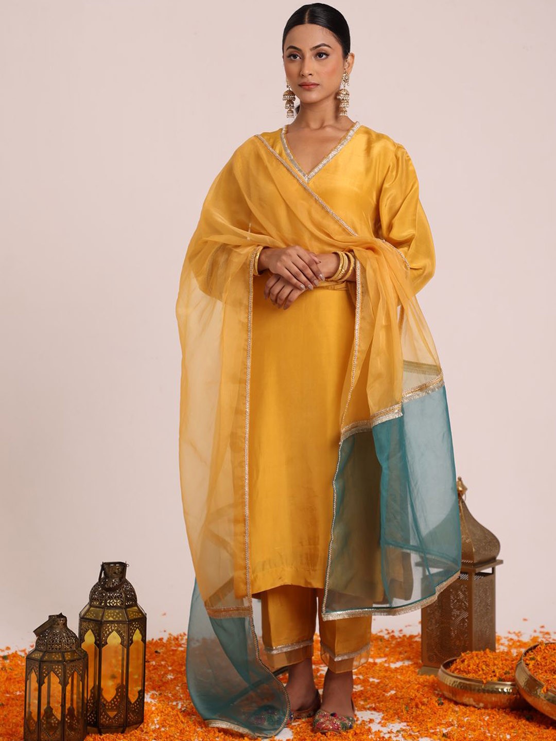 

House of Nitya Yoke Design V Neck Pure Silk Kurta With Trousers & Dupatta, Yellow