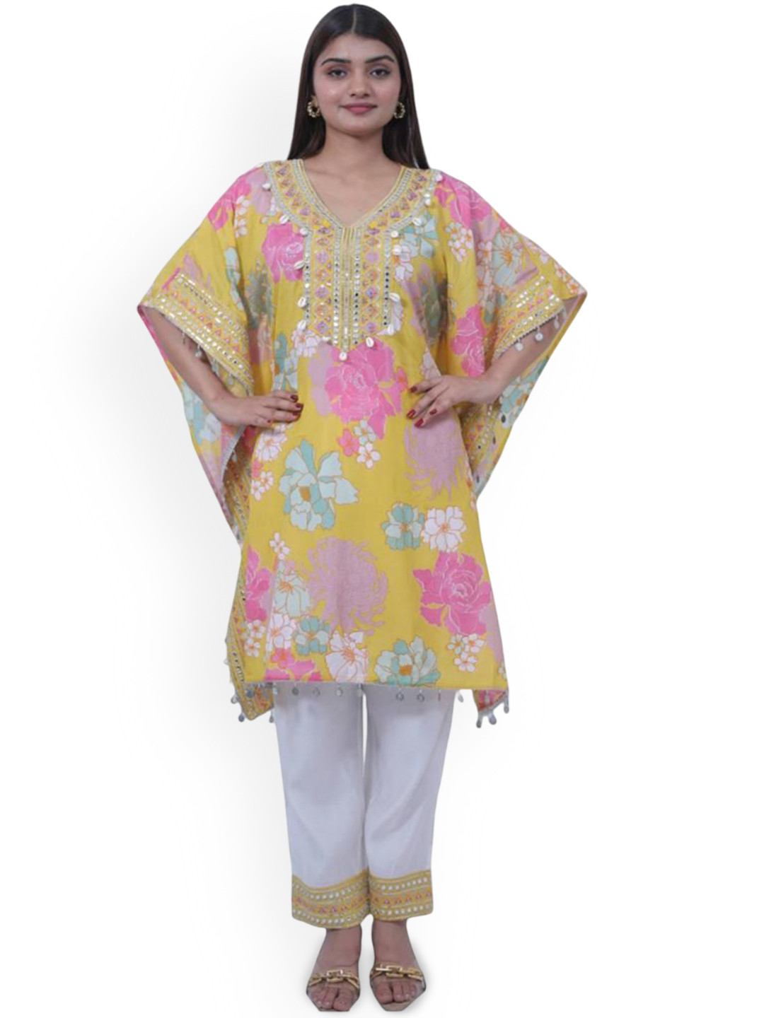 

Wavy Collection Floral Embroidered Pure Silk Kaftan Kurta & Trouser, Yellow