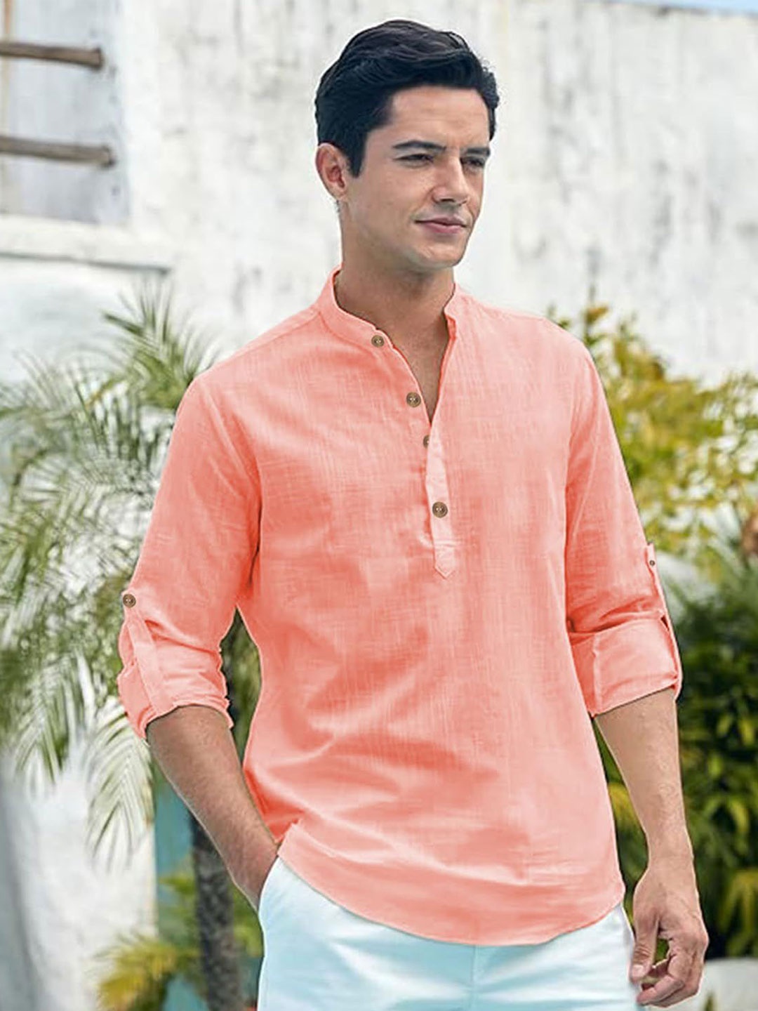 

EdinWolf Men India Slim Fit Band Collar Solid Cotton Casual Shirt, Peach