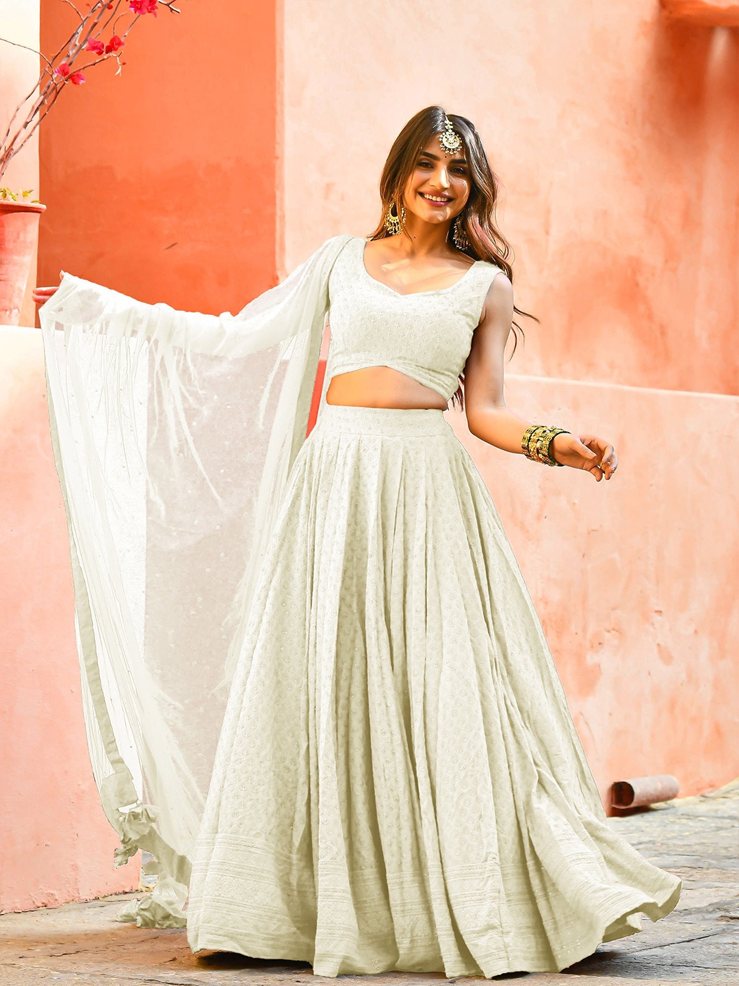 

FABPIXEL Embroidered Sequinned Lehenga With Blouse And Dupatta, White