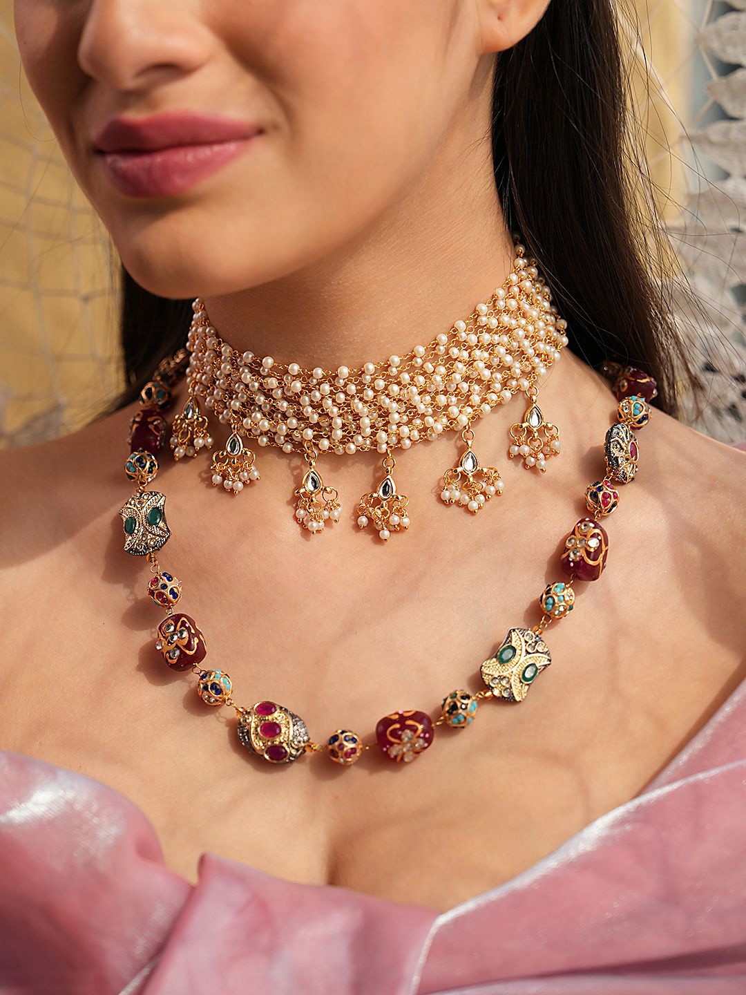 

Binnis Wardrobe Pack Of 2 Gold Plated Pearl Beaded Choker With Quartz Studded Necklace