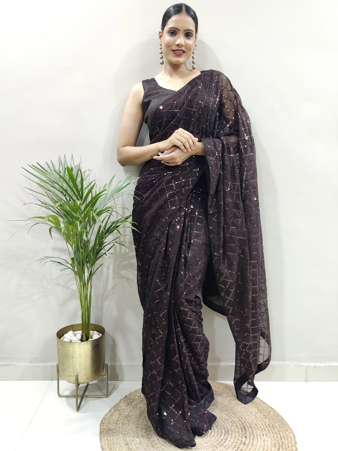 

The52 Pure Georgette Embellished Sequinned Saree With Unstitched Blosue Piece, Brown