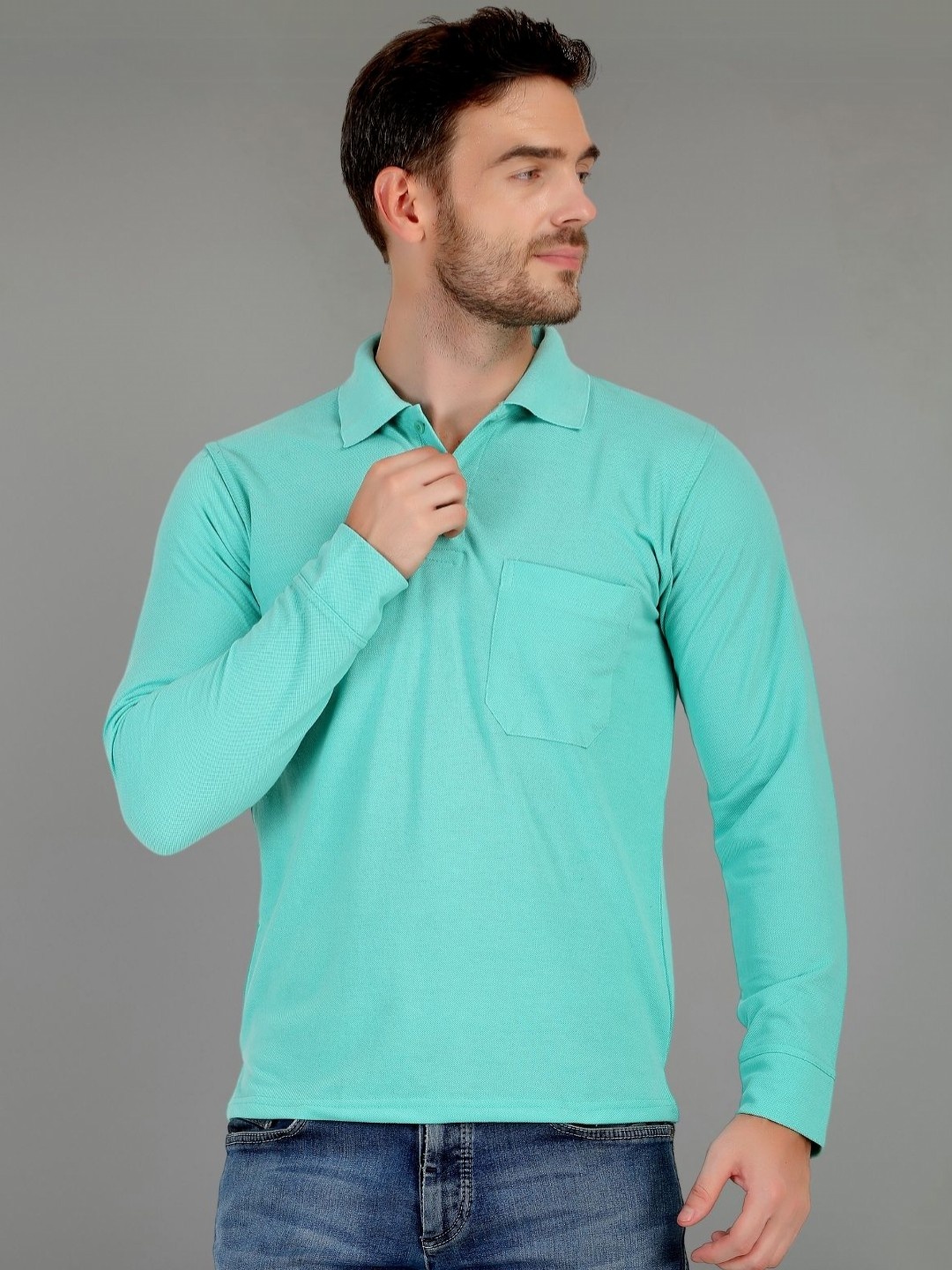 

SMAN Men Solid Polo Collar Cotton Regular Fit T-shirt, Turquoise blue