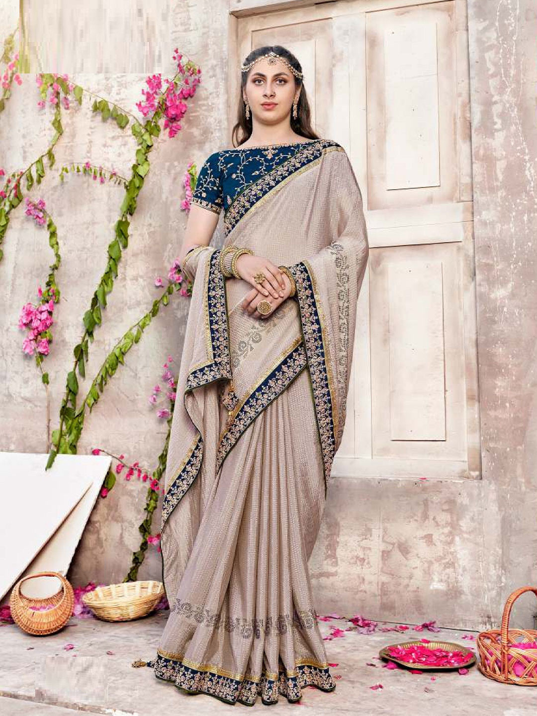 

MAHALASA Ethnic Motifs Embellished & Embroidered Designer Saree, Beige