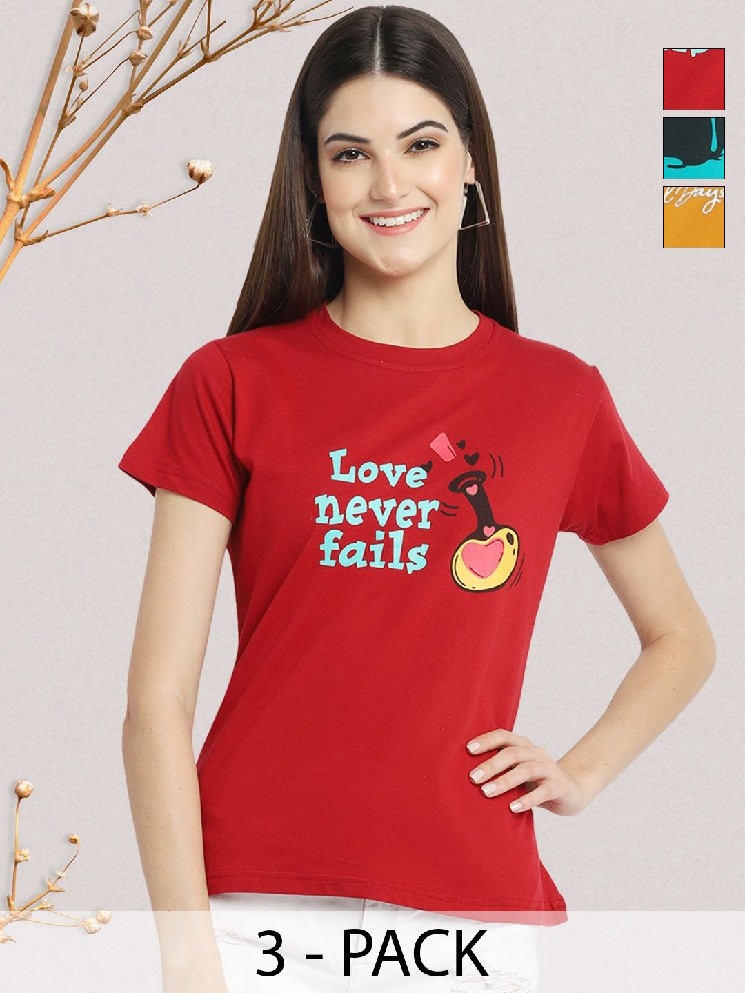 

GLOBAL NOMAD Women Pack of 3 Typography Printed Round Neck Cotton T-shirts, Red