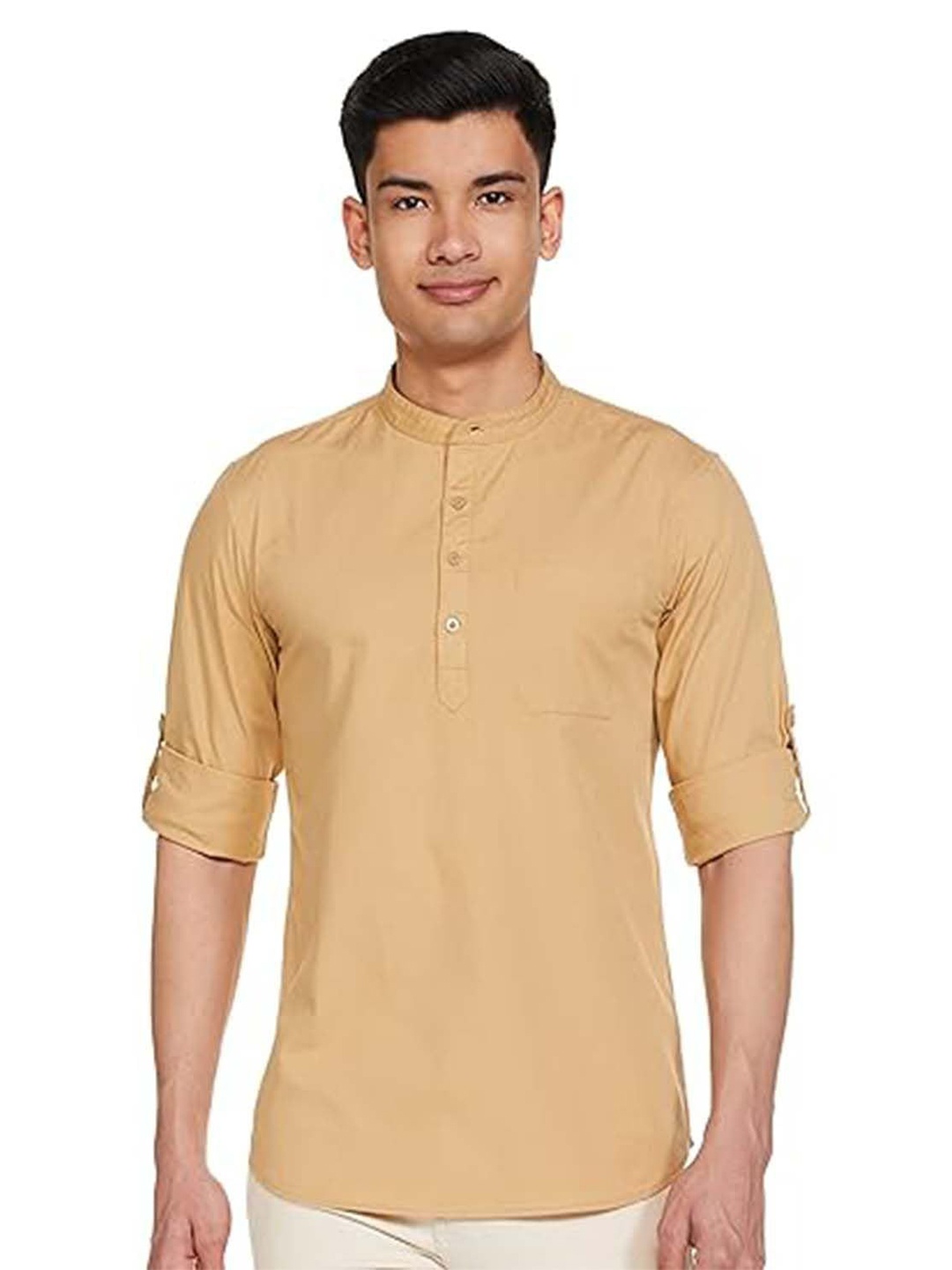 

EdinWolf Men India Slim Fit Band Collar Solid Cotton Casual Shirt, Beige