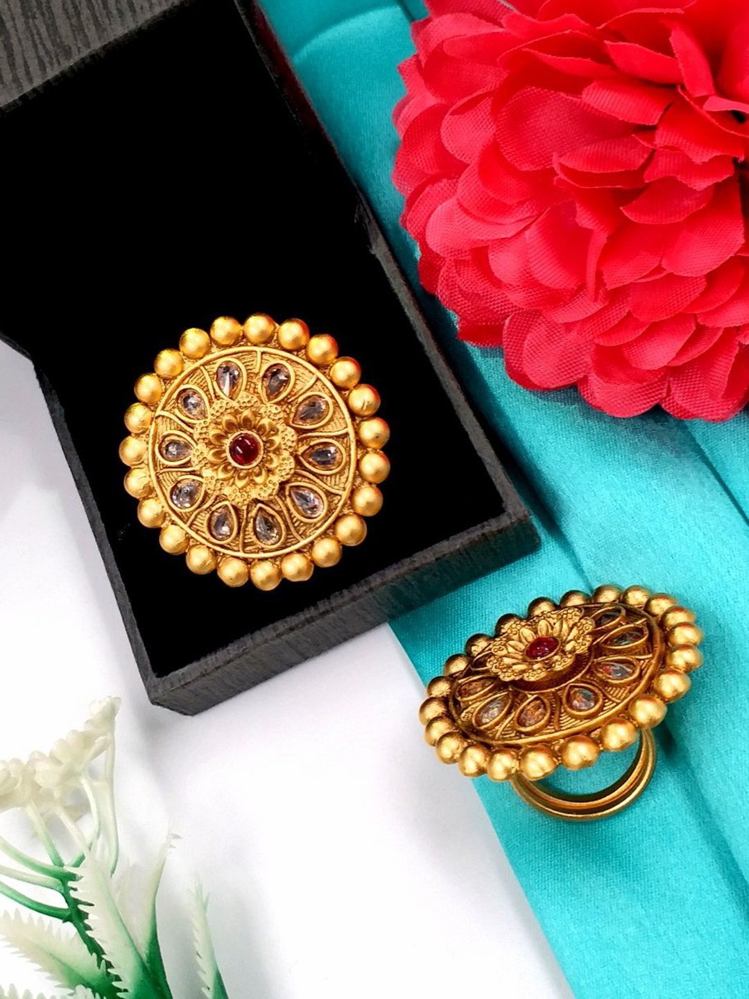 

JYONA Gold Plated Stone Studded Adjustable Finger Ring