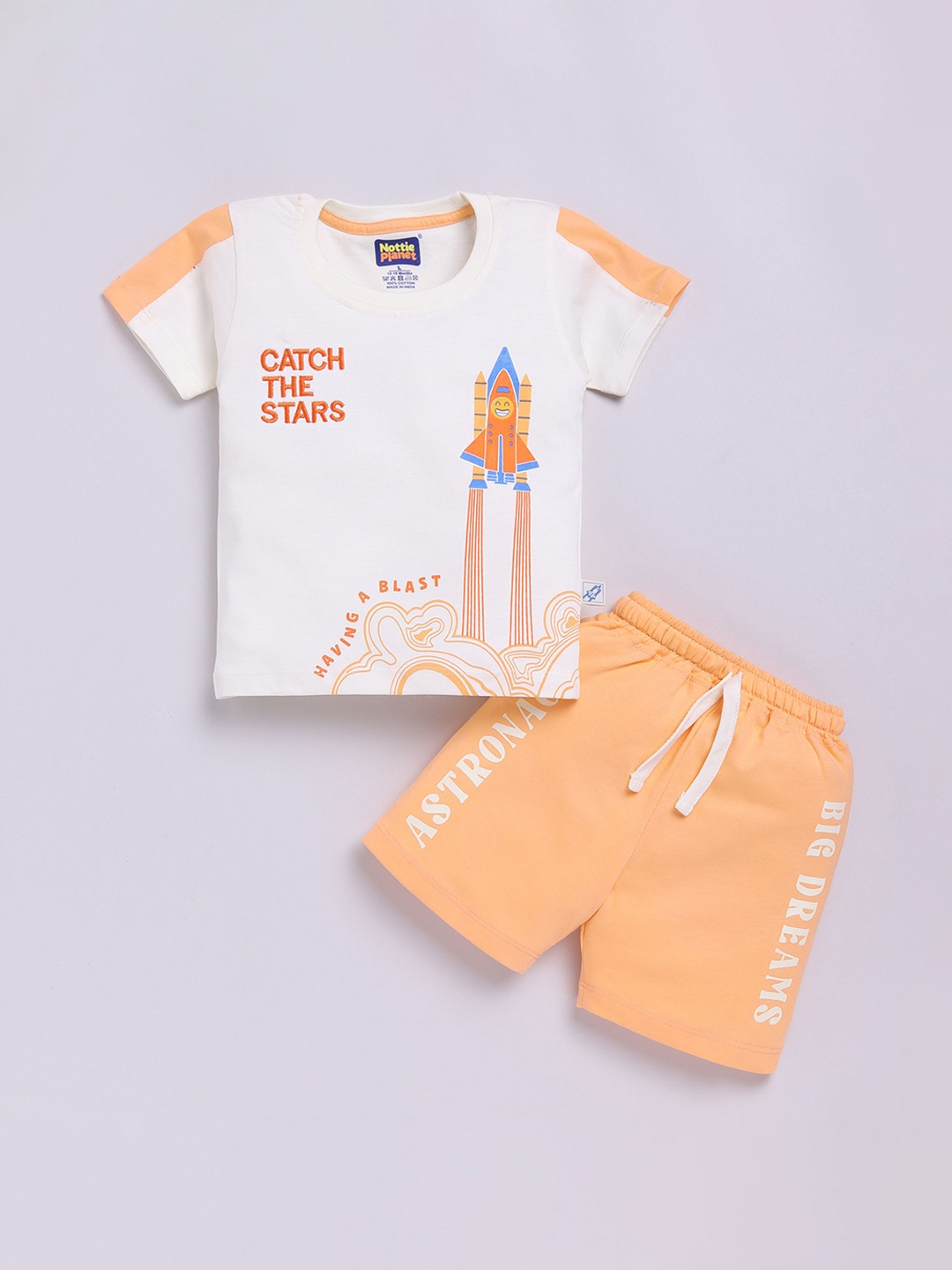 

Nottie Planet Boys Printed Round Neck Pure Cotton T-Shirt With Shorts, Orange