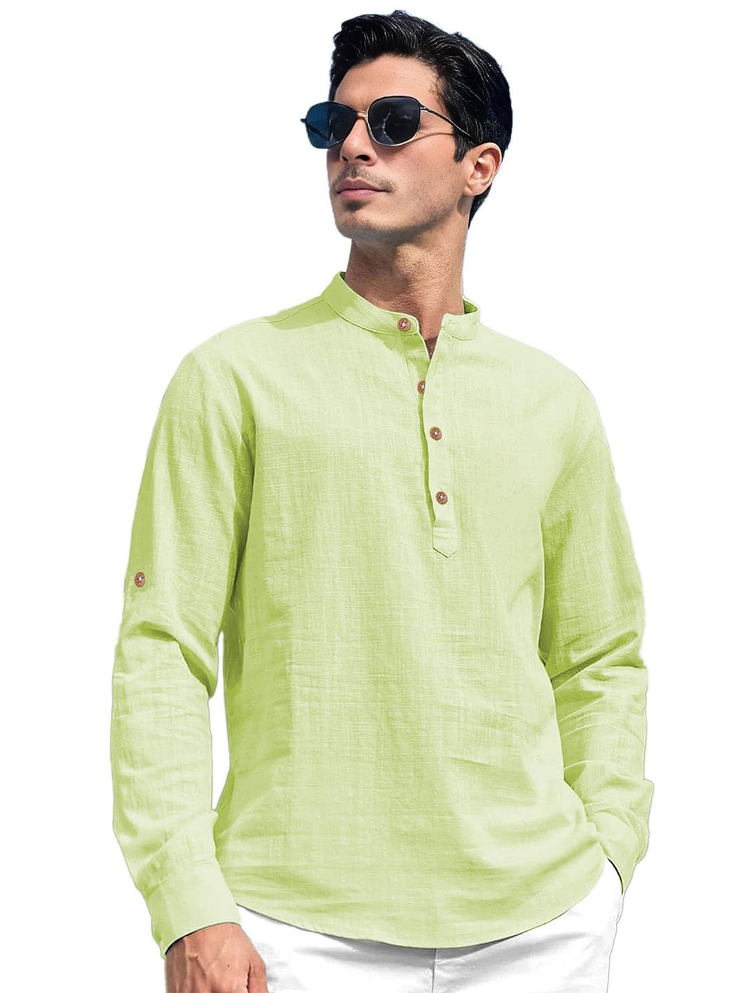 

EdinWolf Men India Slim Fit Band Collar Solid Cotton Casual Shirt, Sea green
