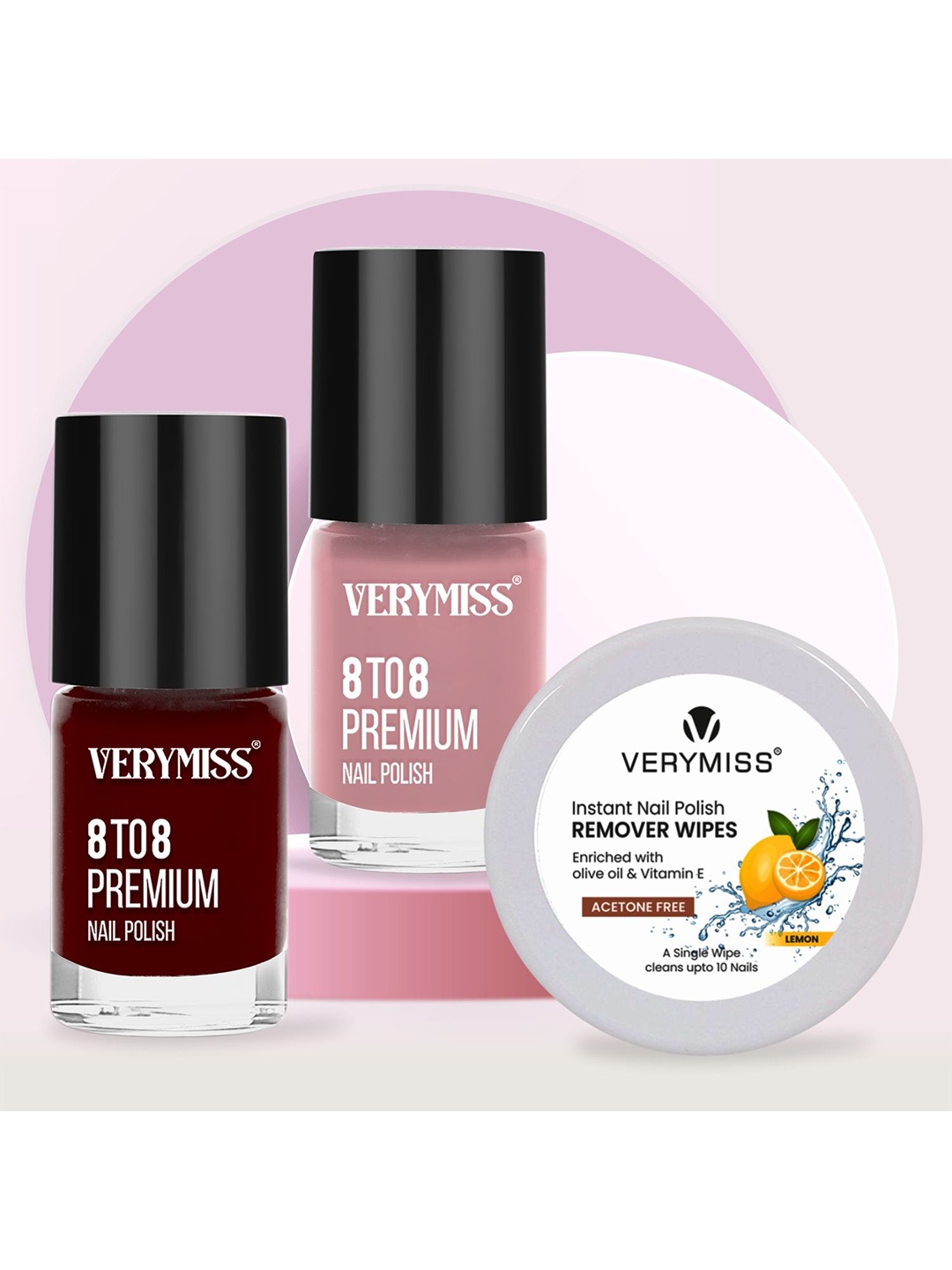 

VERYMISS Set Of 3 8 To 8 Nail Polish - 6 ml Each - Shade 234 - 313 & Remover Wipes, Pink