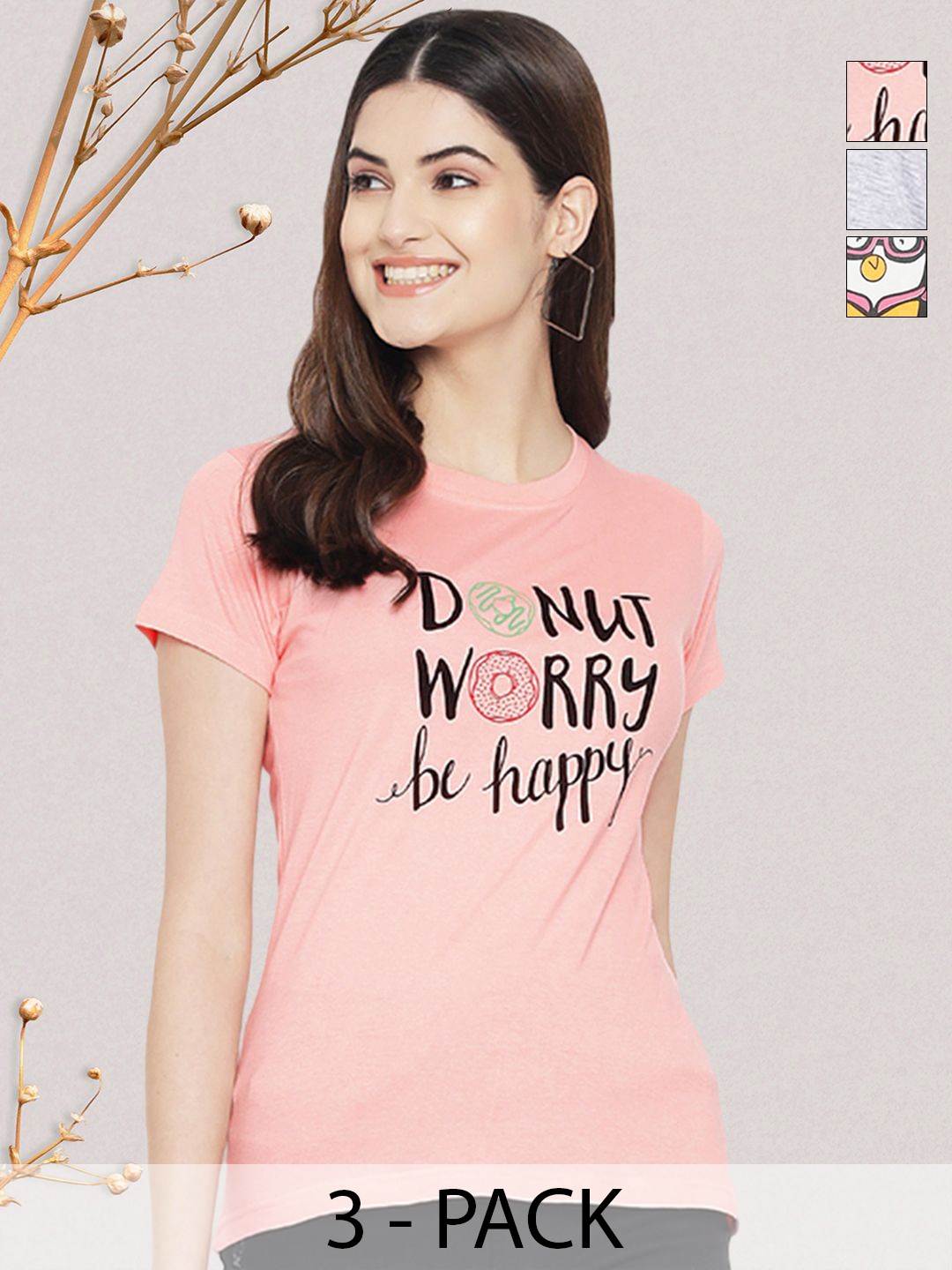 

GLOBAL NOMAD Women Pack of 3 Typography Printed Round Neck Cotton T-shirts, Peach