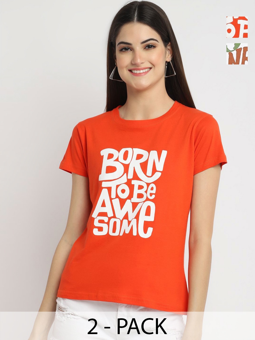 

Tromko Women Pack of 2 Typography Printed Round Neck Cotton Regular Fit T-shirts, Orange