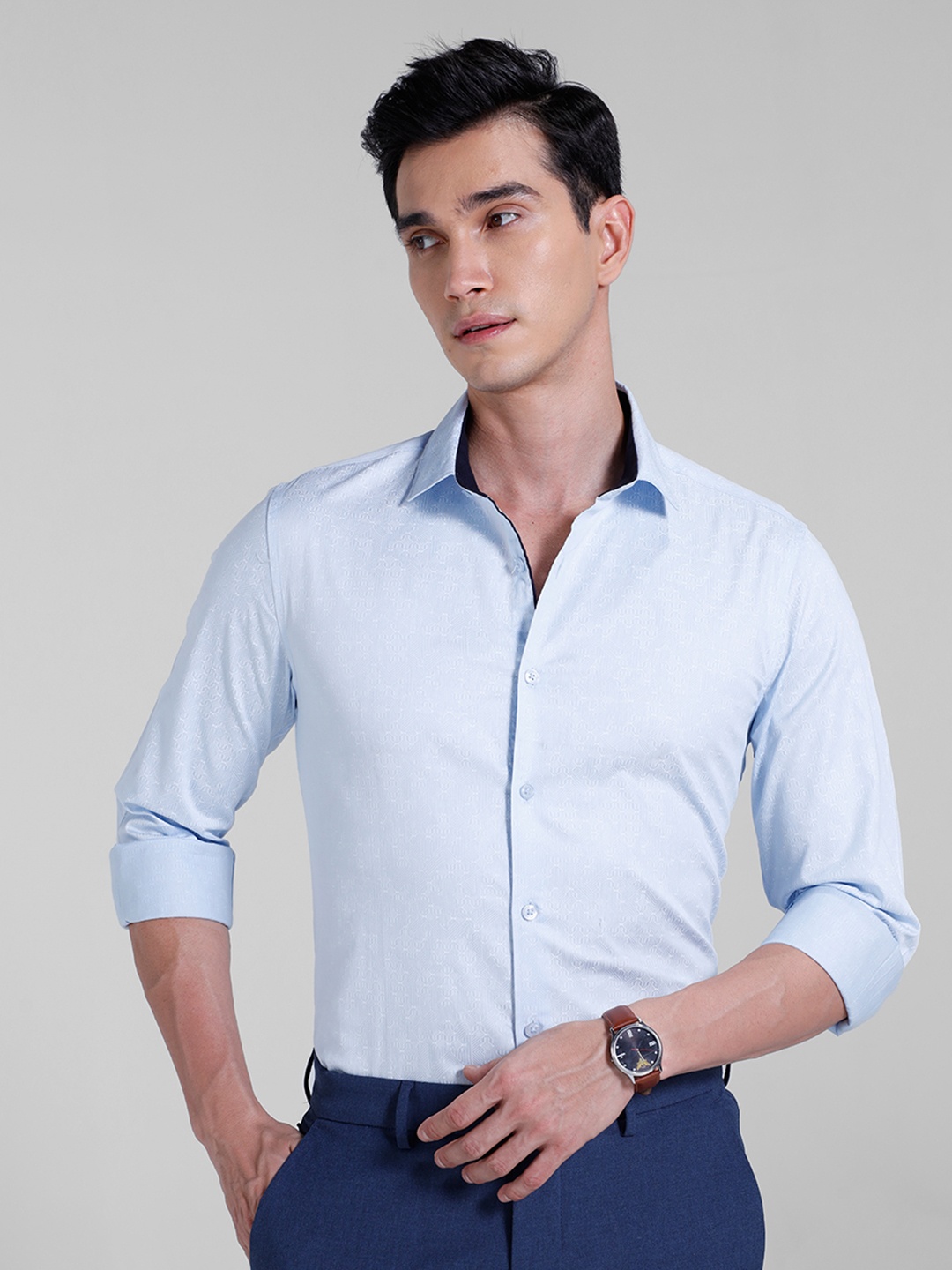

INVICTUS Pure Cotton Slim Fit Printed Semiformal Shirt, Blue
