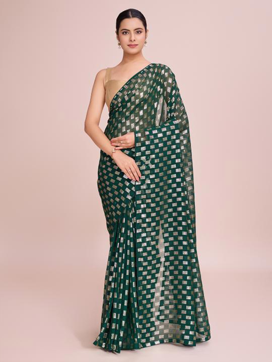 

THE52 Embellished Sequinned Georgette Saree, Green