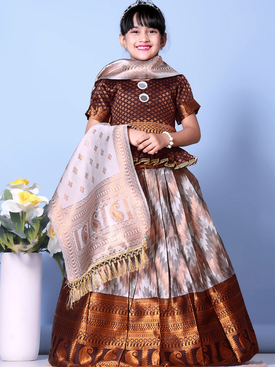 

BAESD Girls Mirror Work Ready to Wear Lehenga & Blouse With Dupatta, Brown