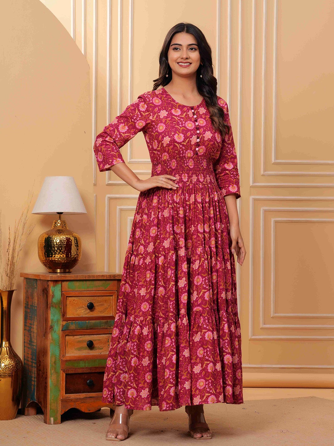 

ALEXEY JAY Floral PrintedPleated Round Neck Pure Cotton Anarkali Kurta, Maroon