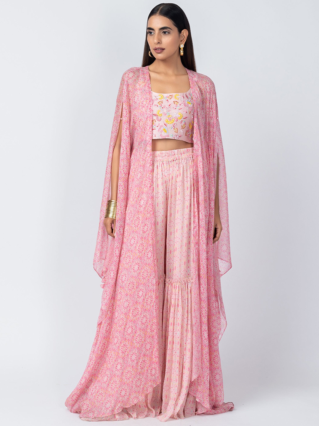 

Label Naariti Women Geometric Cotton Longline Tailored Jacket with Patchwork, Pink