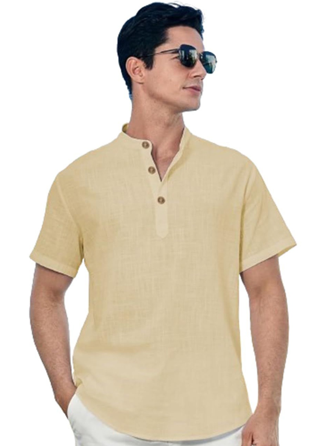 

EdinWolf Men India Slim Fit Band Collar Solid Cotton Casual Shirt, Beige
