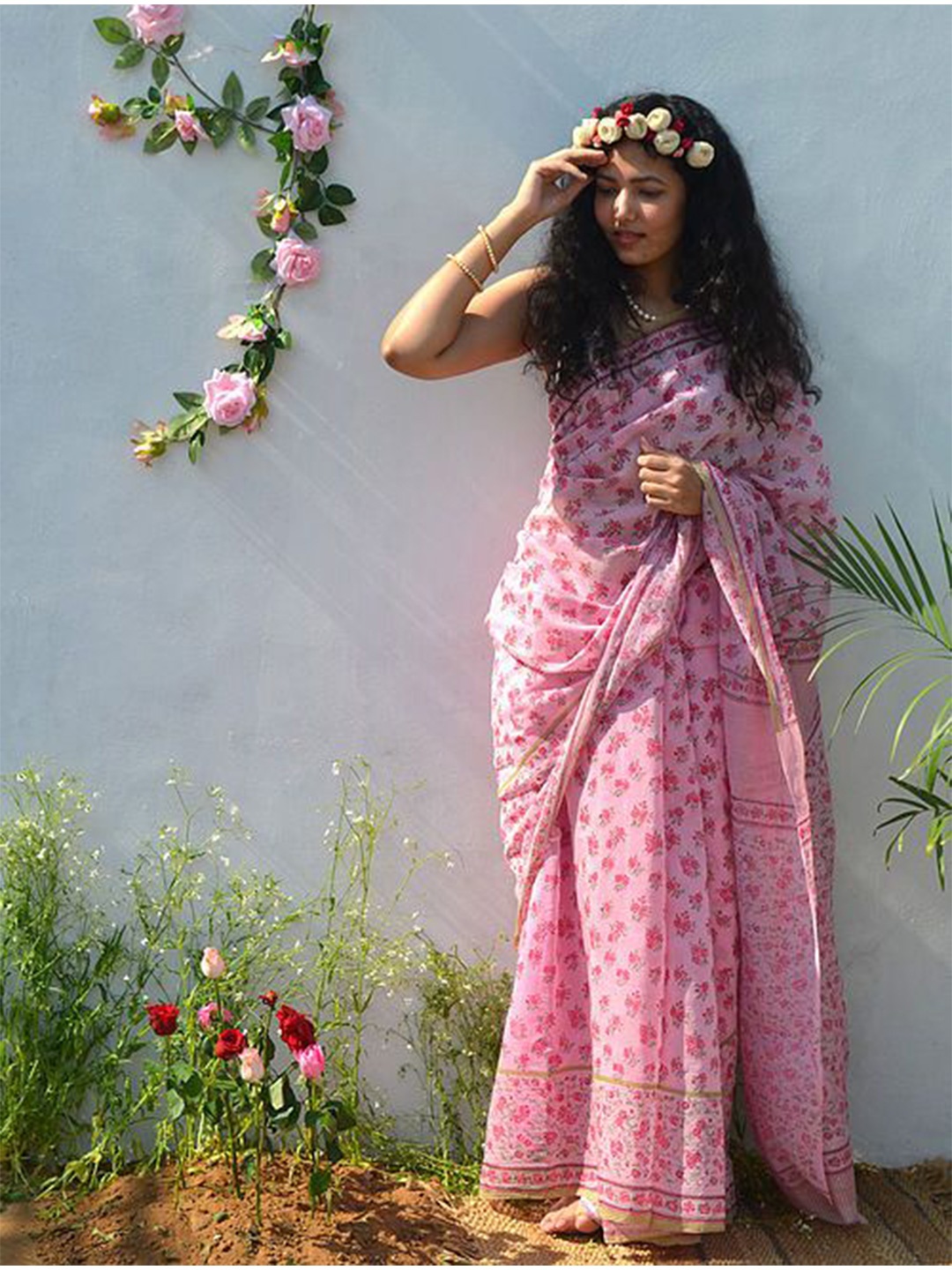 

Nimidiya Floral Print Pure Cotton Saree, Pink