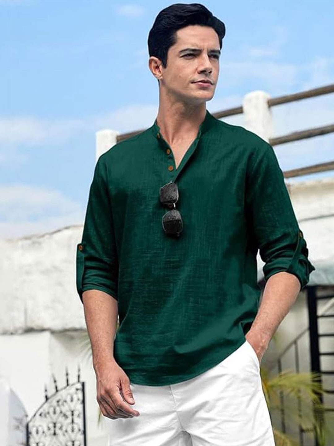 

EdinWolf Men India Slim Fit Band Collar Solid Cotton Casual Shirt, Green