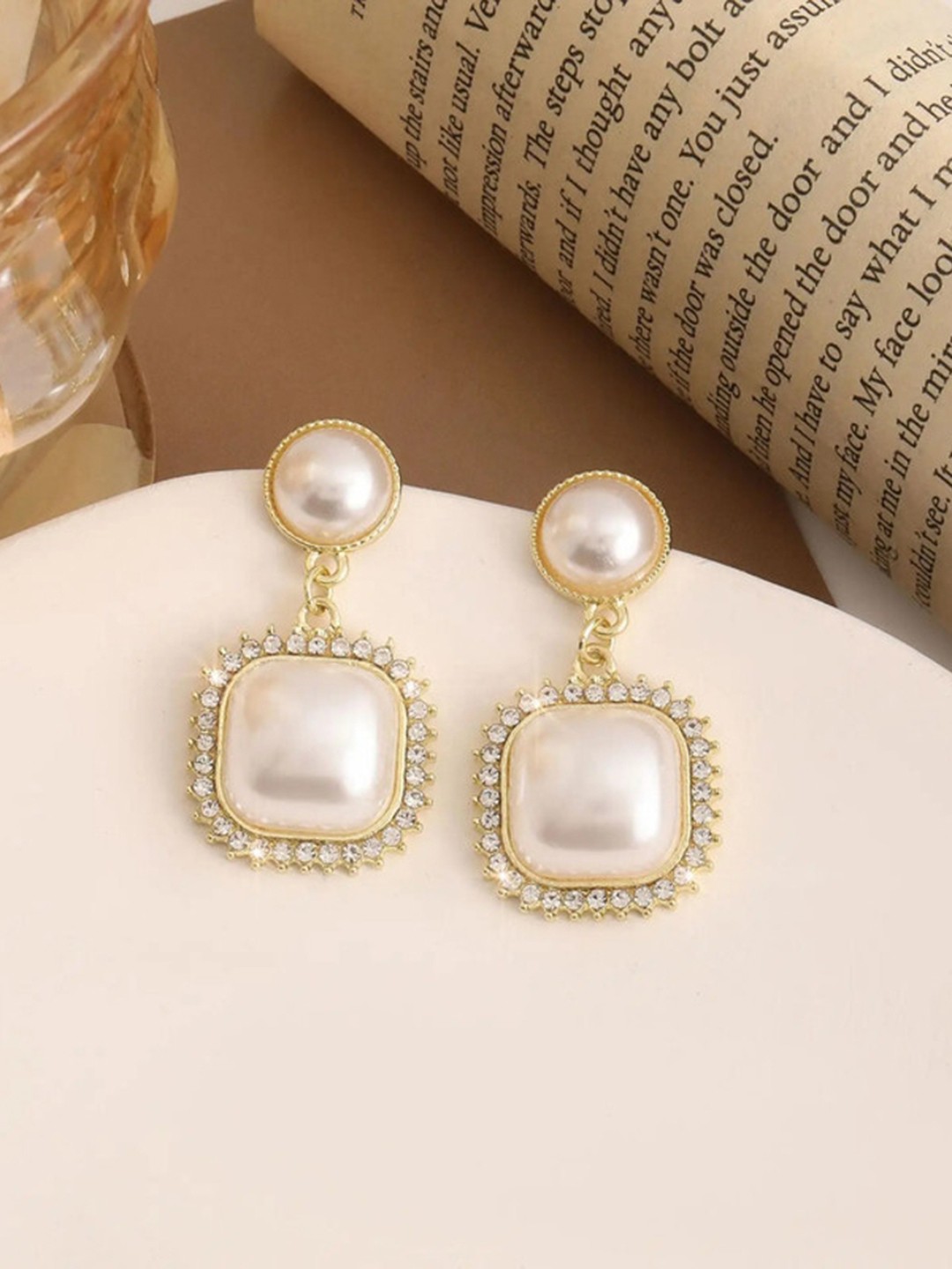 

Celestique Korean Gold Plated Pearls Contemporary Drop Earrings, White