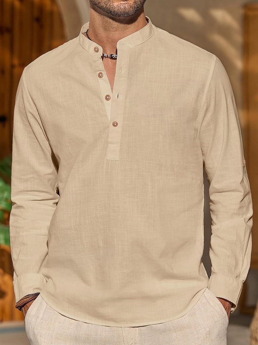 

EdinWolf Men India Slim Fit Band Collar Solid Cotton Casual Shirt, Beige