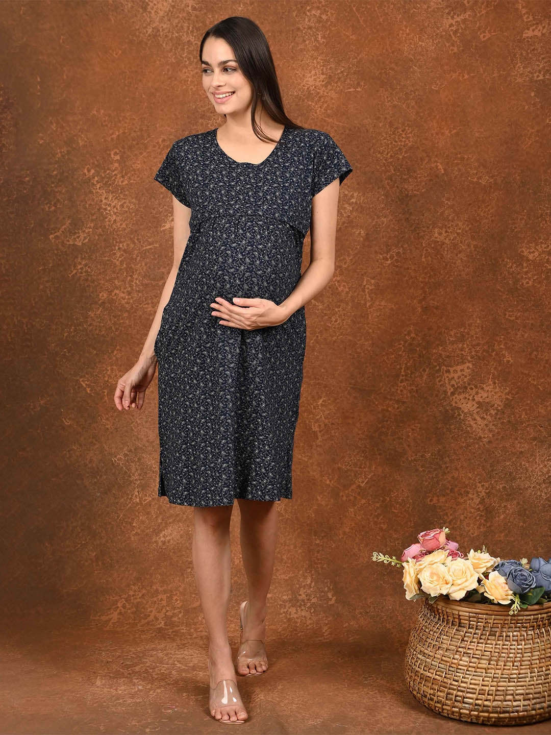 

GOLDSTROMS Women Floral Printed Maternity Sheath Dress, Navy blue