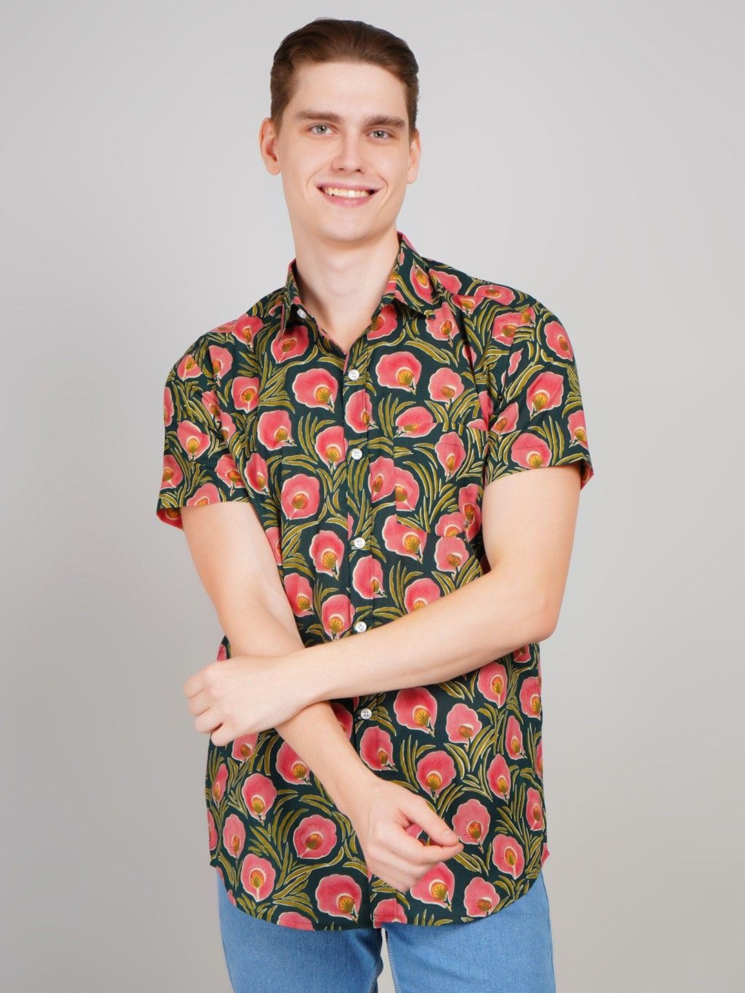 

LOUIS MONARCH Men Regular Fit Spread Collar Floral Printed Cotton Casual Shirt, Navy blue