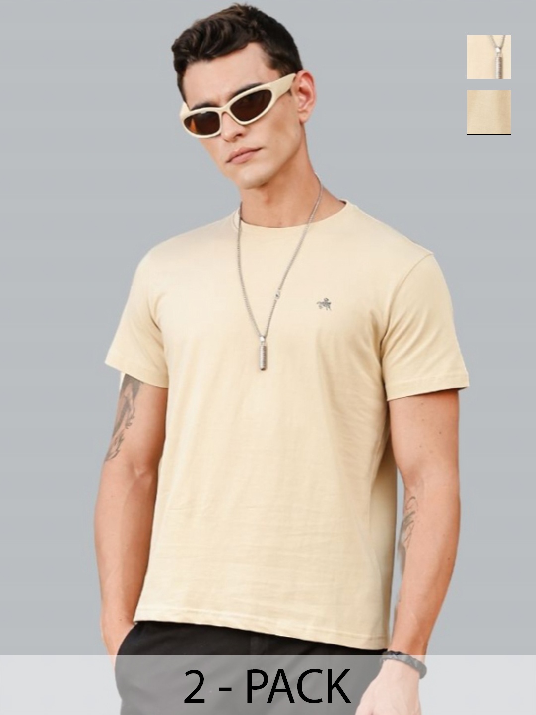 

Parcel Yard Men Pack of 2 Stretchex Solid Round Neck Cotton T-shirts, Beige