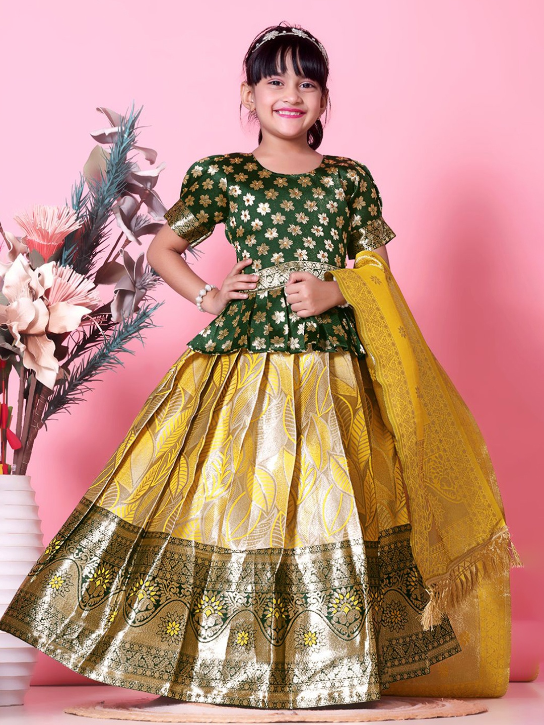 

BAESD Girls Woven Design Ready to Wear Lehenga & Blouse With Dupatta, Yellow