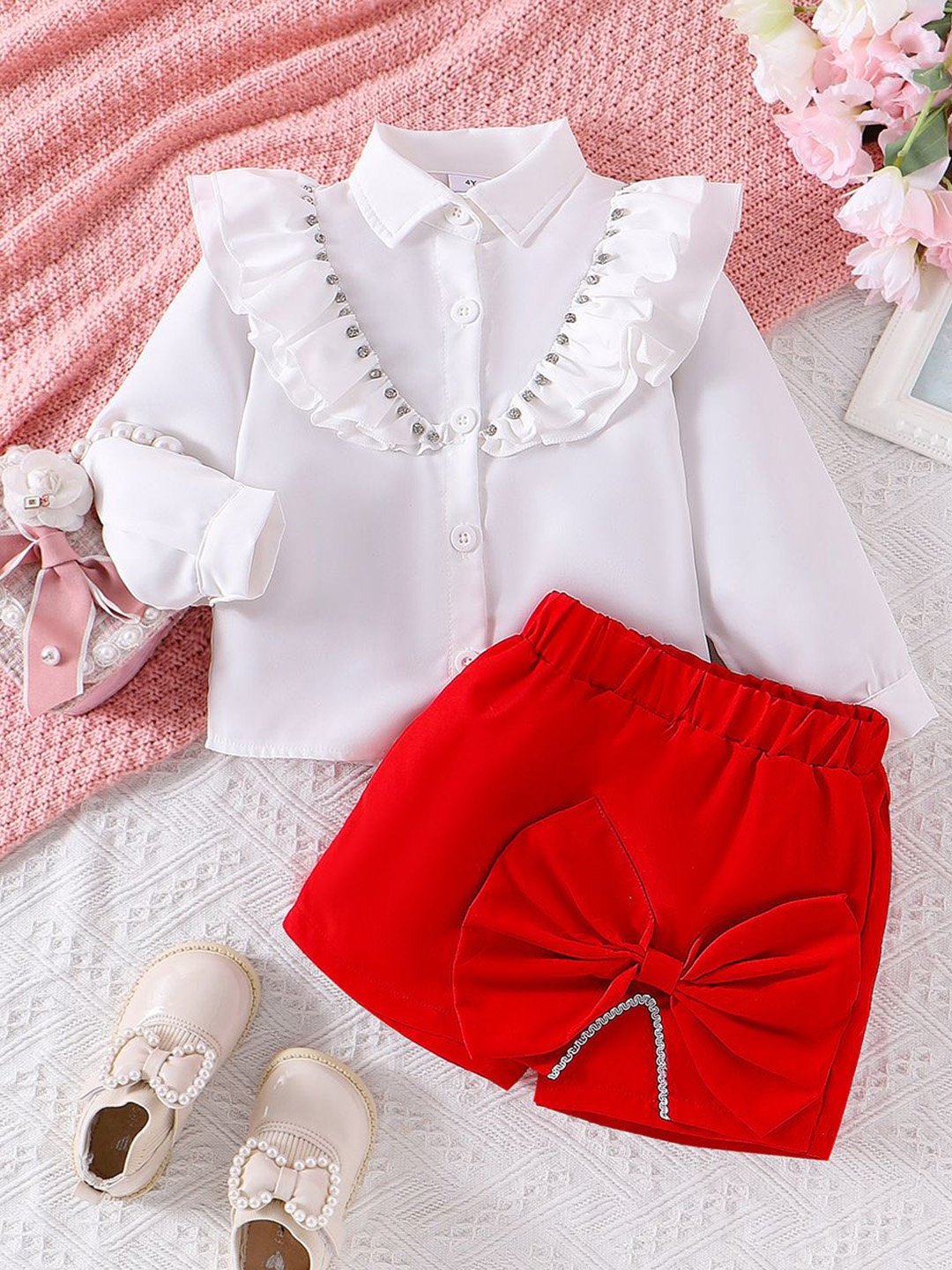 

Xsole Girls Embellished Shirt Collar Top With Shorts, White