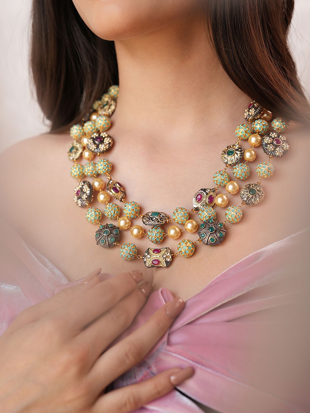 

Binnis Wardrobe Gold-Plated Quartz Studded Multi Layered Necklace