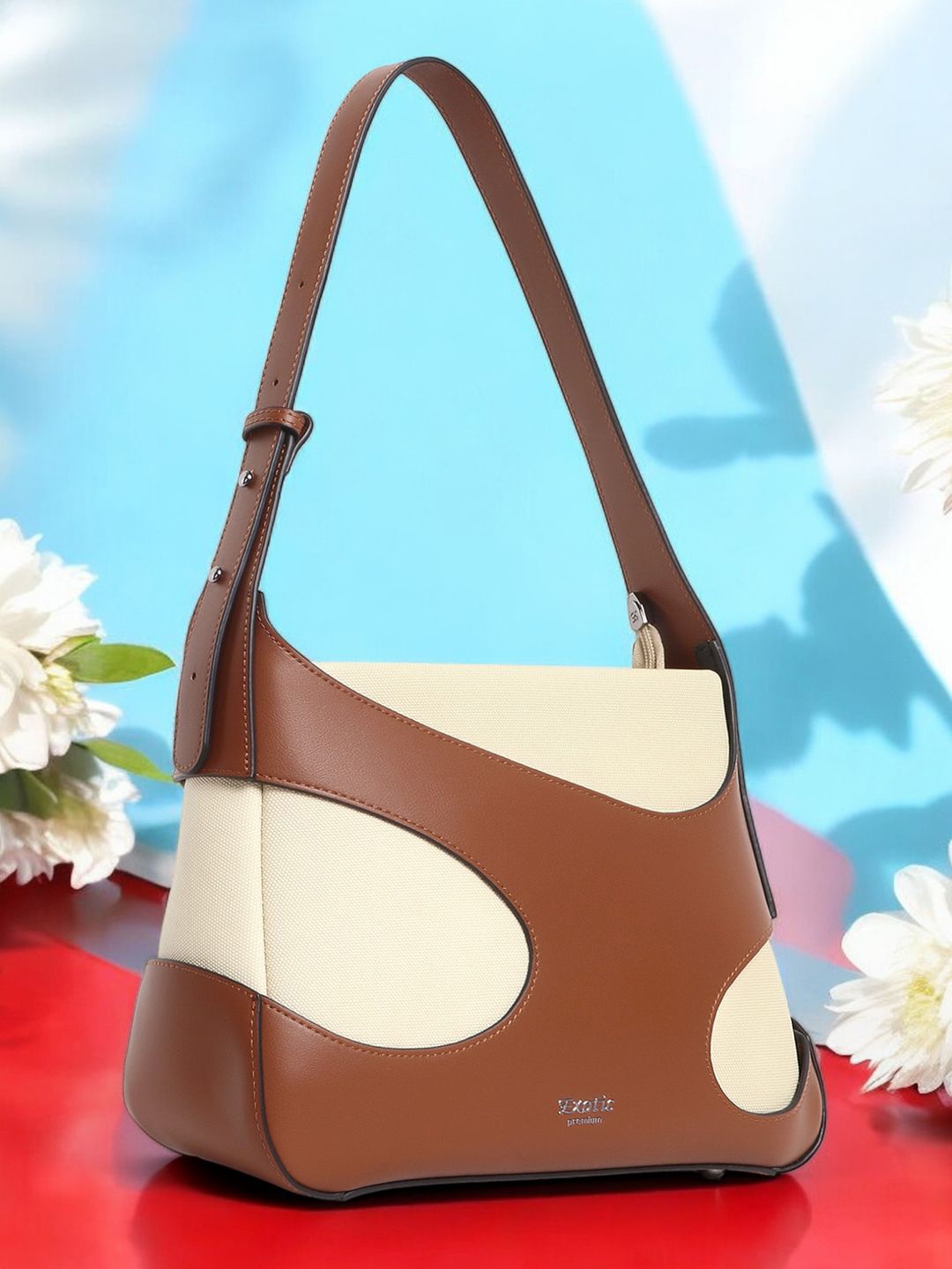 

Exotic Women Textured Structured Leather Handheld Bag, Beige
