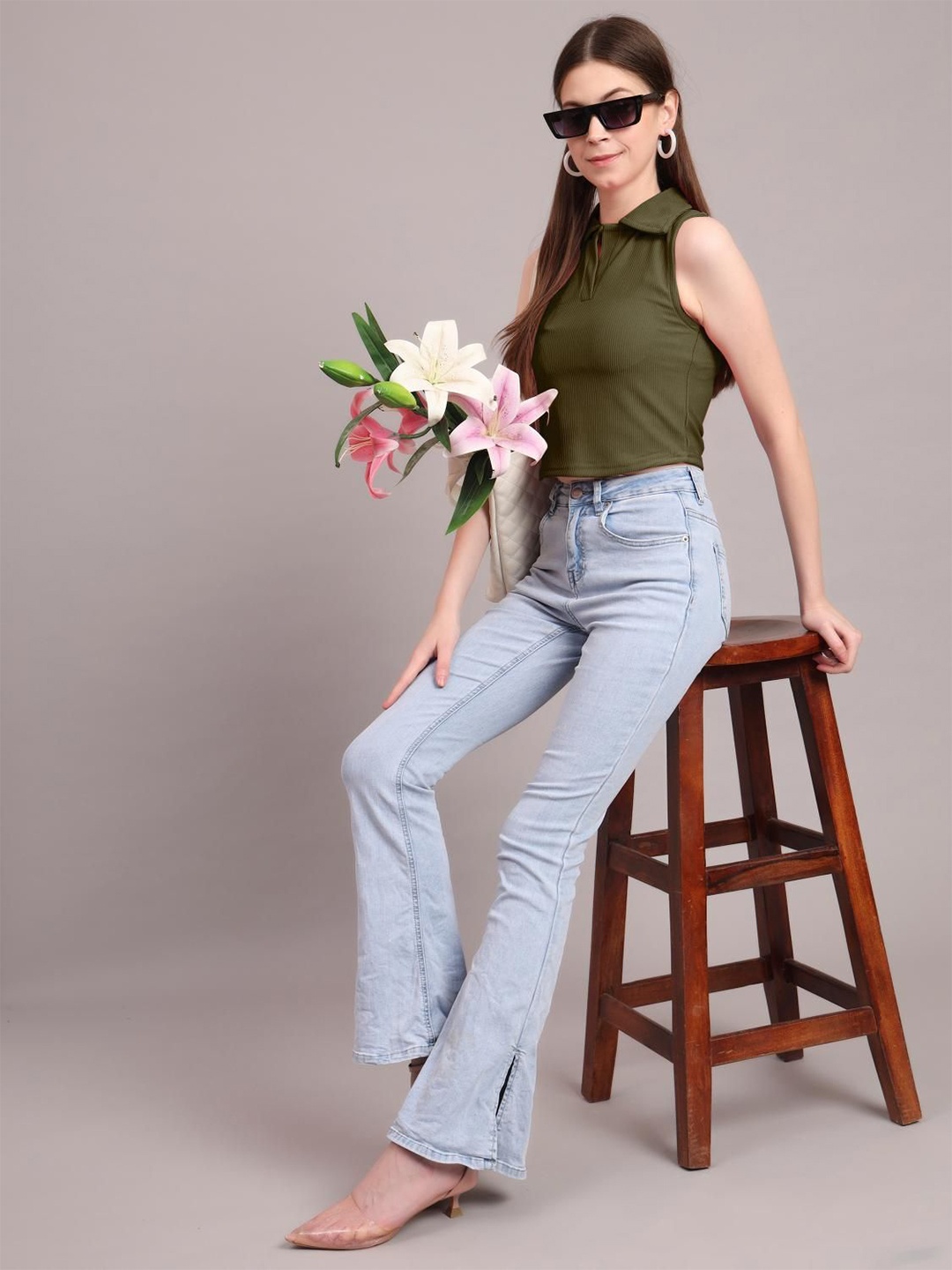 

DressBerry Women Ribbed Shirt Collar Neck Crop Top, Olive