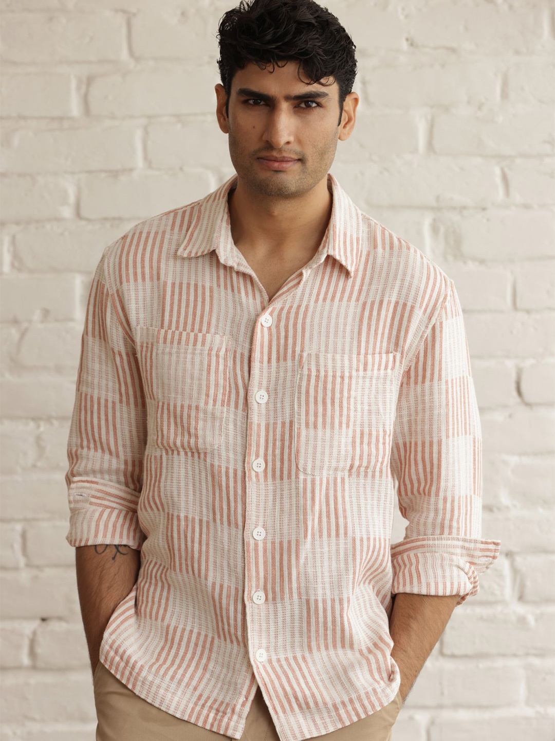 

Uncluttered Closet Men Relaxed Oversized Fit Vertical Striped Cotton Casual Shirt, Peach