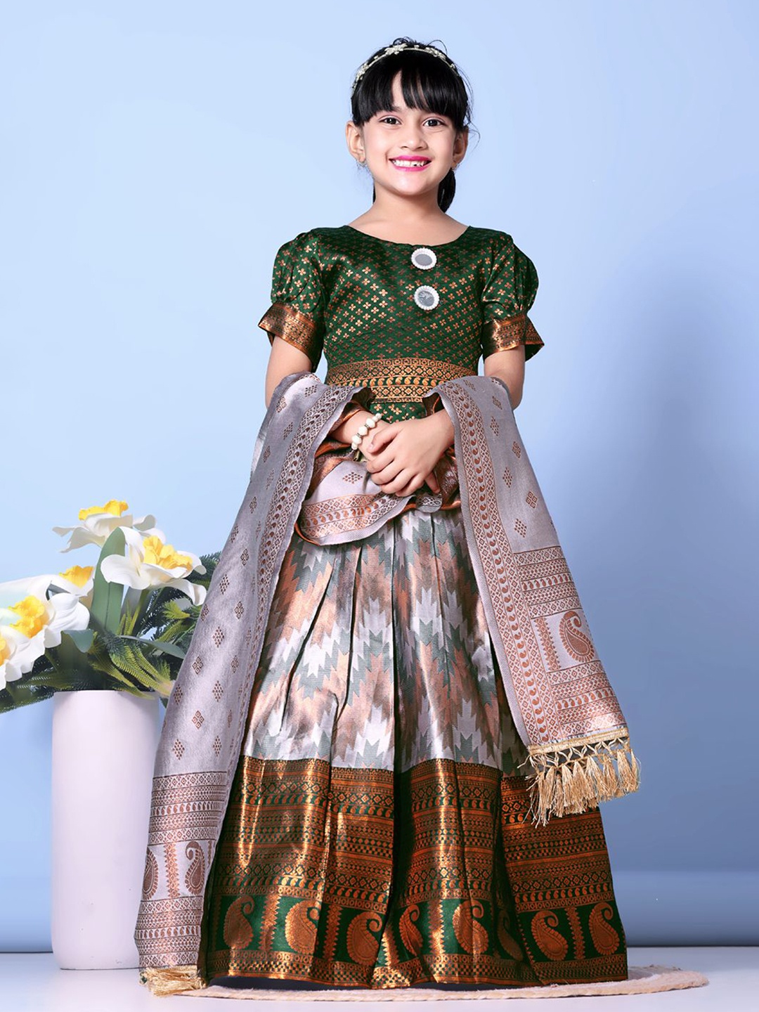 

BAESD Girls Mirror Work Ready to Wear Lehenga & Blouse With Dupatta, Green