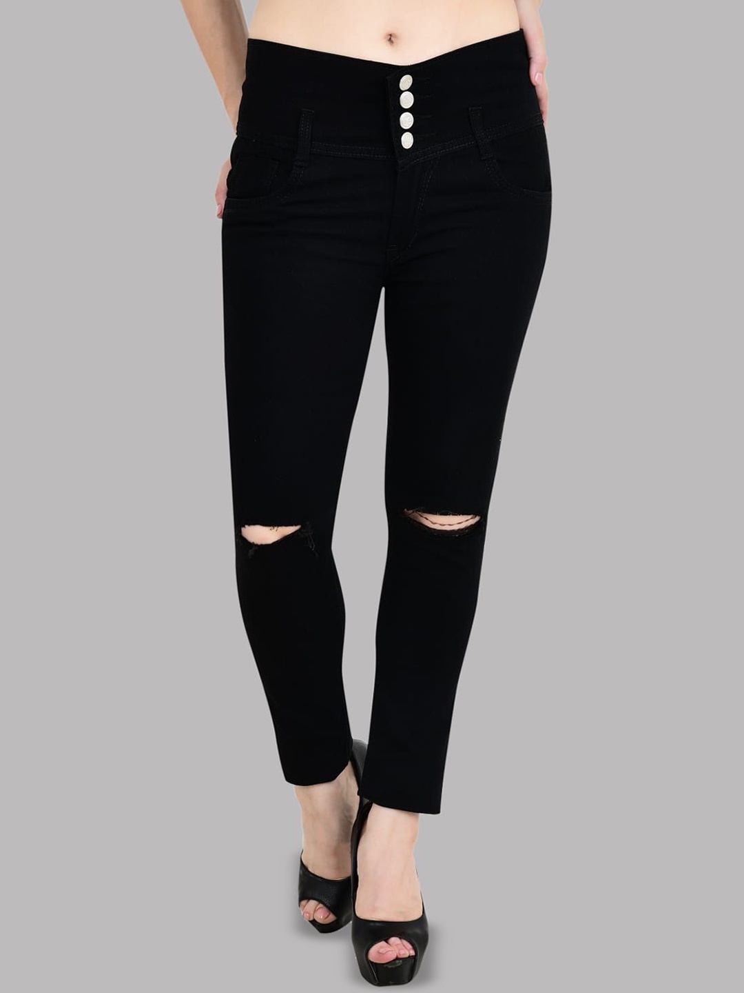 

LINARIA Women Classic Slim Fit Mid-Rise Slash Knee Jeans, Black