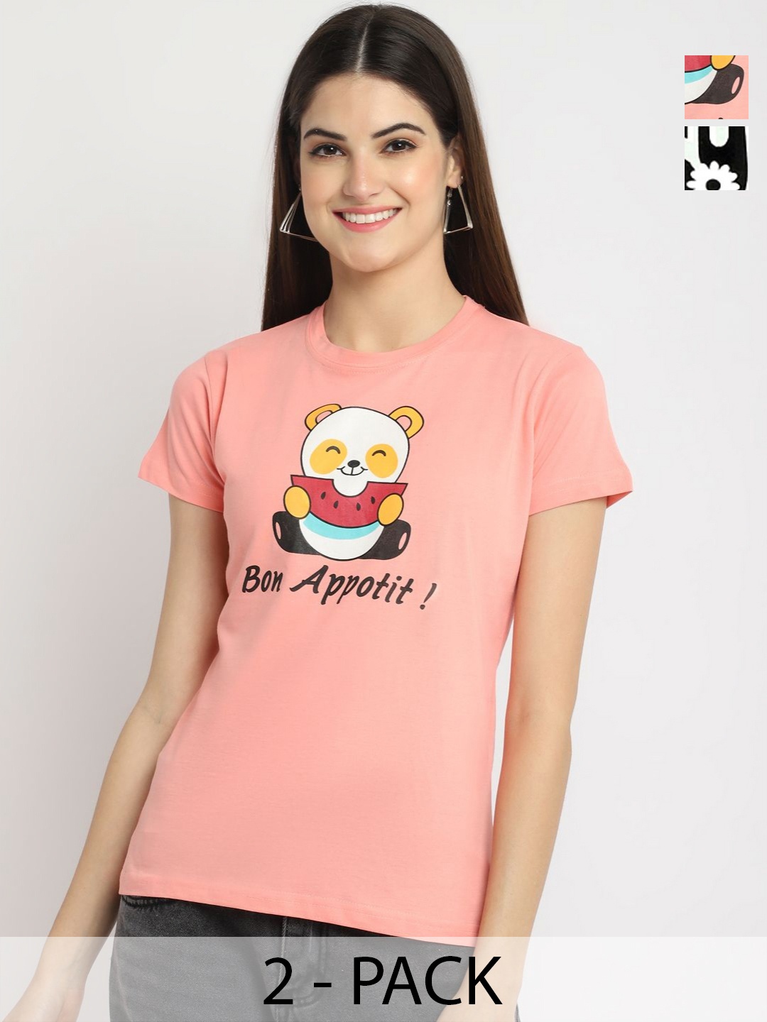 

Tromko Women Pack of 2 Typography Printed Round Neck Cotton Regular Fit T-shirts, Peach