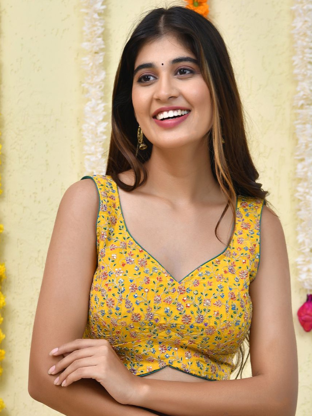 

Amodini Designer Studio Floral Embroidered Padded Saree Blouse, Yellow