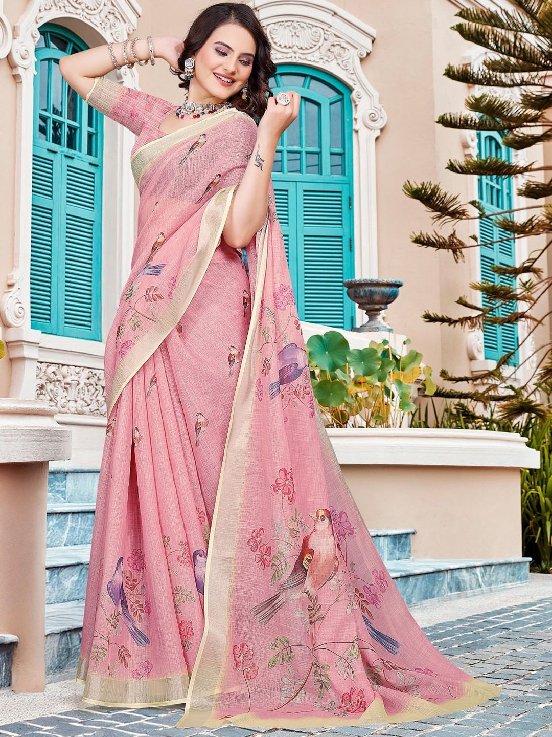 

Nimidiya Pure Cotton Printed Zari Saree, Peach