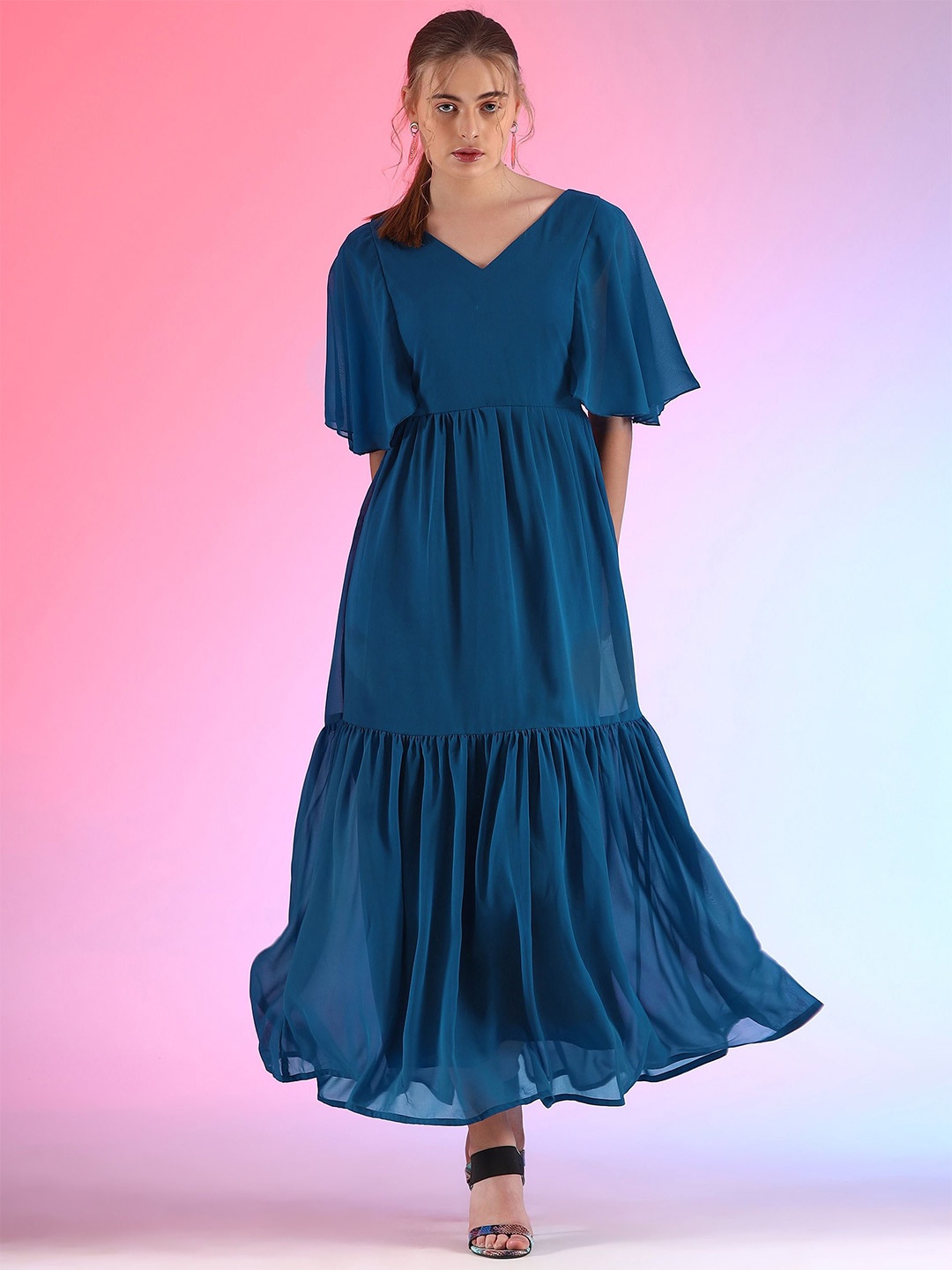 

De La Moda Women Fit and Flare Flared Sleeve Maxi Dress, Blue