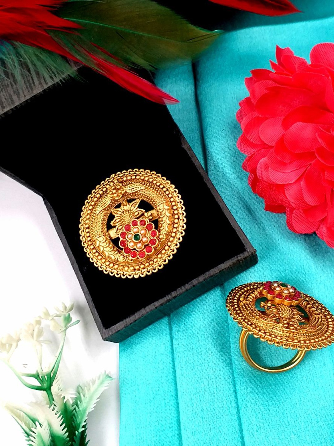 

JYONA Gold-Plated Stones-Studded Adjustable Finger Ring