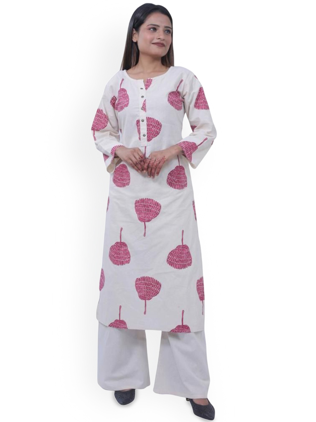 

Wavy Collection Floral Printed Jute Cotton Straight Kurta with Palazzos, Cream