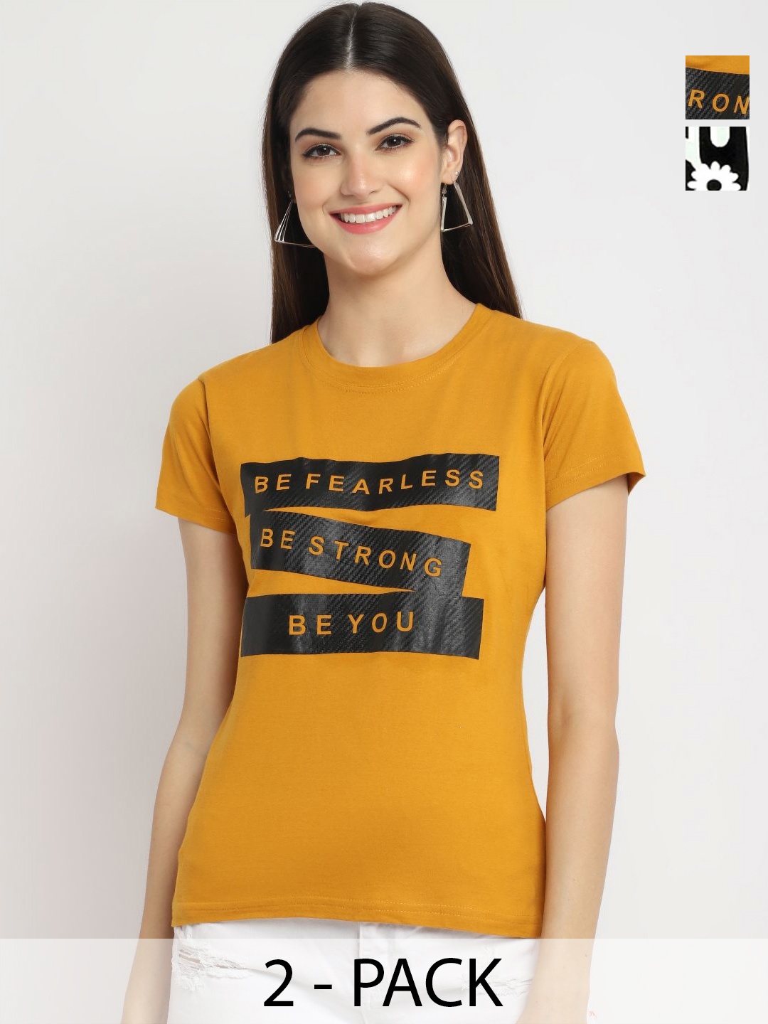 

Tromko Women Pack of 2 Typography Printed Round Neck Cotton Regular Fit T-shirts, Mustard