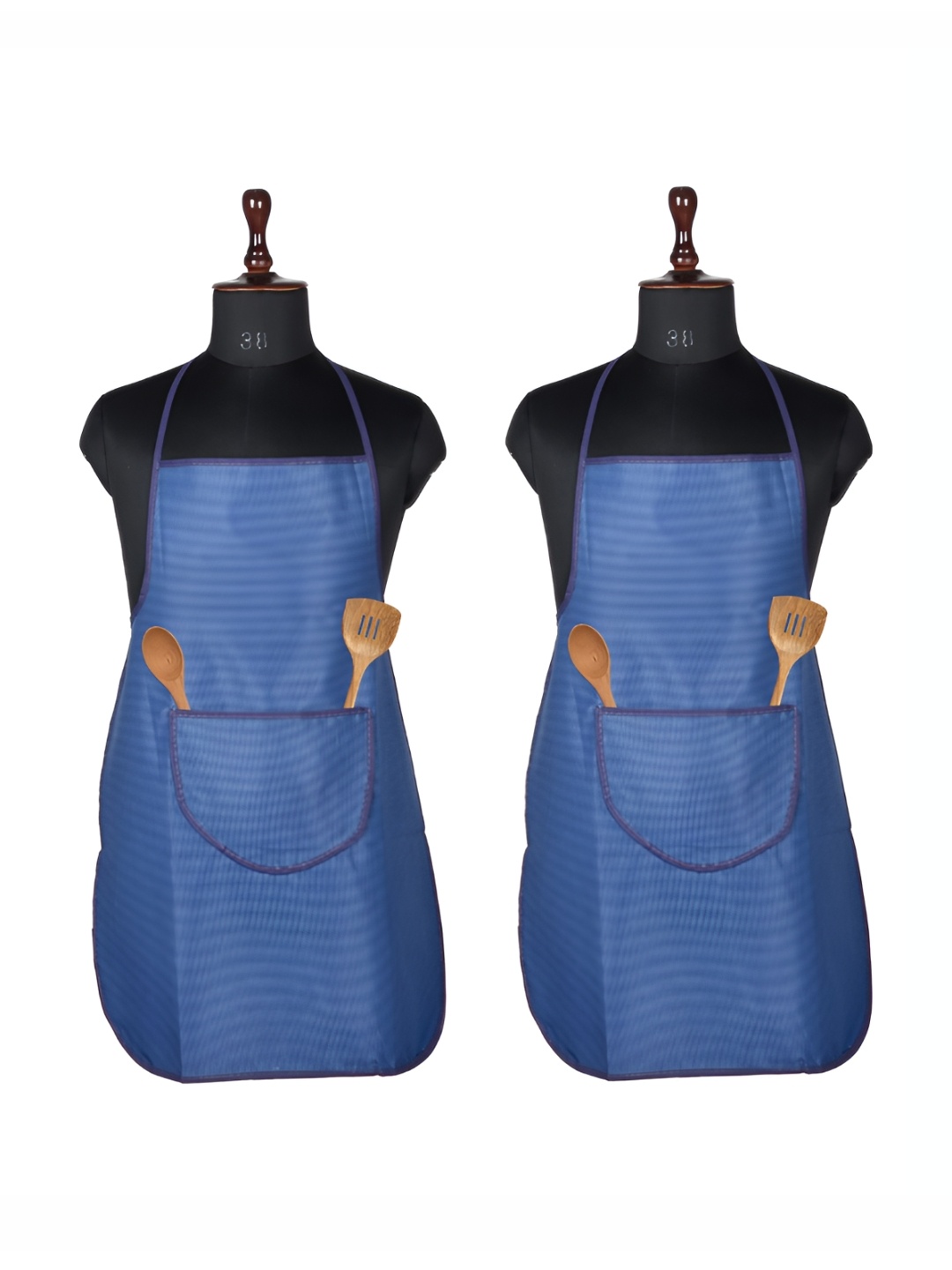 

Aura Blue 2 Pieces Checked Aprons With Center Pocket