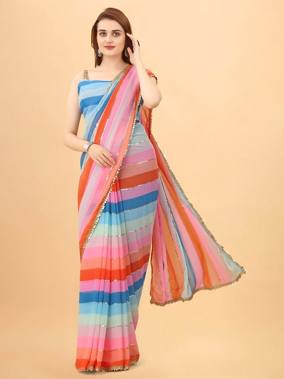 

THE52 Striped Mukaish Chinon Silk Saree, Blue