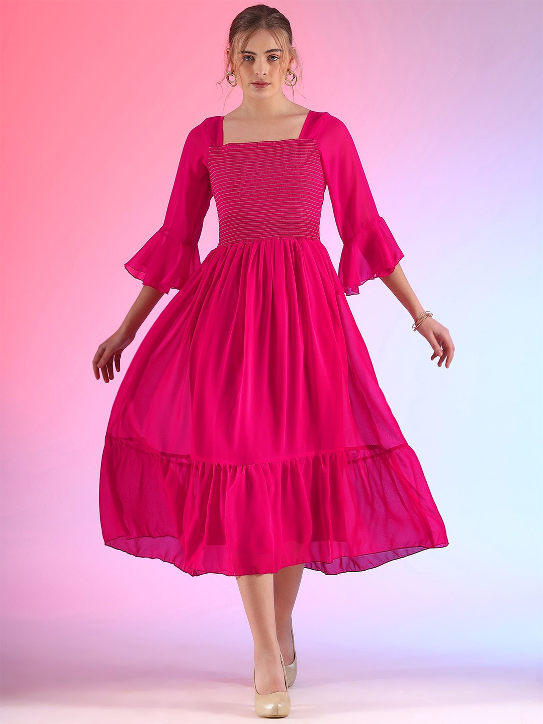 

De La Moda Women Fit & Flare Square Neck Knee Length Dress, Pink